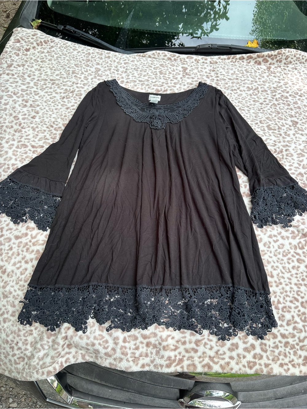 Chico's Size 2 Black Lace Trim Bell Sleeve Tunic Top